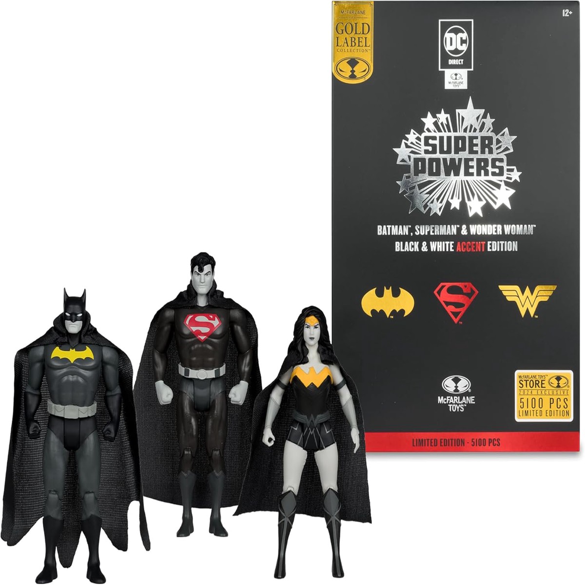 DC Super Powers Trinity Pack 4 Inch Action Figure Exclusive – Batman, Superman & Wonder Woman Black & White Accent Edition Gold Label